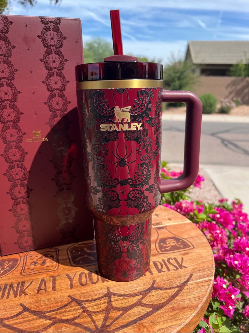 Stanley Burgundy and Black Ornate Travel Tumbler with Handle